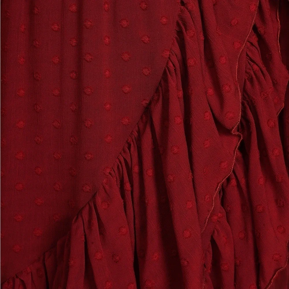 NWT Lulus Have Harmony Maroon Red Swiss Dot Ruffled Faux Wrap Midi Dress
